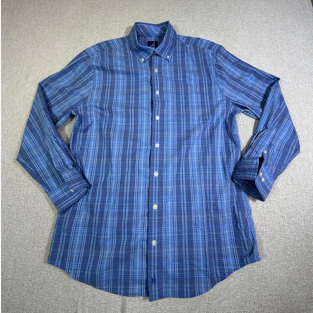 Johnnie-O Men Medium Blue Performance Plaid Long Sleeve Button Front Shirt